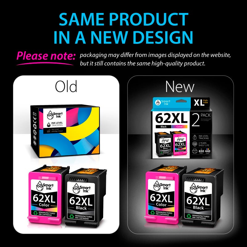 Smart Ink Remanufactured Ink Cartridge Replacement for HP 62 XL 62XL Black & Tricolor (2 Combo Pack) for HP Printer Envy 7640 5660 7645 5540 5643 5661 5664 5663 5640 5642 OfficeJet 5740 5746 5745 8040 - Image 2